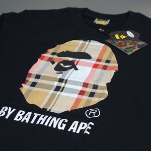 BAPE Men’s Black Short Sleeve Tee with Plaid Ape Head Graphic